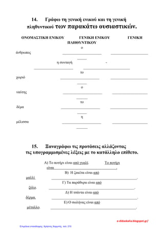 14. Γράφω τη γενική ενικού και τη γενική
πληθυντικού των παρακάτω ουσιαστικών.
ΟΝΟΜΑΣΤΙΚΗ ΕΝΙΚΟΥ ΓΕΝΙΚΗ ΕΝΙΚΟΥ ΓΕΝΙΚΗ
ΠΛΗΘΥΝΤΙΚΟΥ
ο
άνθρωπος _____________________ ____________________
_____
η συνταγή -
_____________________ _________________________
το
χωριό _____________________ ____________________
_____
ο
ναύτης _____________________ ___________________
______
το
δέμα _____________________ ____________________
_____
η
μέλισσα _____________________ ___________________
______
15. Ξαναγράφω τις προτάσεις αλλάζοντας
τις υπογραμμισμένες λέξεις με το κατάλληλο επίθετο.
Α) Το ποτήρι είναι από γυαλί. Το ποτήρι
είναι .
Β) Η ζακέτα είναι από
μαλλί ______________________________________________.
Γ) Τα παράθυρα είναι από
ξύλο. ______________________________________________.
Δ) Η τσάντα είναι από
δέρμα. ______________________________________________.
Ε) Ο σωλήνας είναι από
μέταλλο. ______________________________________________.
e-didaskalia.blogspot.gr/
Επιμέλεια επανάληψης: Χρήστος Χαρμπής σελ. 210
 
