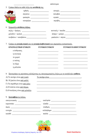 _____________________ απλώνομαι
5. Γράφω δίπλα σε κάθε λέξη την αντίθετή της.
εχθρός ____________________ φτωχός _____________________
πηγαίνω ___________________ σκλαβιά _____________________
φασαρία ___________________ αγαπώ ______________________
κατηφόρα __________________ ακριβός _____________________
6. Σχηματίζω σύνθετες λέξεις.
πεζός + δρόμος _________________________ ποντικός + παγίδα ________________________
χελιδόνι + φωλιά _________________________ άσπρο + μαύρο __________________________
ανεβαίνω + κατεβαίνω _____________________ μπαλκόνι + πόρτα _________________________
7. Γράφω τη γενική ενικού και τη γενική πληθυντικού των παρακάτω ουσιαστικών.
ΟΝΟΜΑΣΤΙΚΗ ΕΝΙΚΟΥ ΓΕΝΙΚΗ ΕΝΙΚΟΥ ΓΕΝΙΚΗ ΠΛΗΘΥΝΤΙΚΟΥ
ο άνθρωπος _____________________ _________________________
η συνταγή _____________________ _________________________
το χωριό _____________________ _________________________
ο ναύτης _____________________ _________________________
το δέμα _____________________ _________________________
η μέλισσα _____________________ _________________________
8. Ξαναγράφω τις προτάσεις αλλάζοντας τις υπογραμμισμένες λέξεις με το κατάλληλο επίθετο.
Α) Το ποτήρι είναι από γυαλί. Το ποτήρι είναι .
Β) Η ζακέτα είναι από μαλλί ______________________________________________.
Γ) Τα παράθυρα είναι από ξύλο. ______________________________________________.
Δ) Η τσάντα είναι από δέρμα. ______________________________________________.
Ε) Ο σωλήνας είναι από μέταλλο. ______________________________________________.
9. Συλλαβίζω τις λέξεις.
οικογενειακός ________________________ εκκλησία __________________________
καροτσάκι ___________________________ ελπίδα ____________________________
άκρη _______________________________ σταθμός __________________________
ευτυχία _____________________________ κελάηδημα _________________________
αγκάθι ______________________________ παιδιά _____________________________
Μαρία ΧαραλάμπουΕπιμέλεια επανάληψης: Χρήστος Χαρμπής σελ. 218
 
