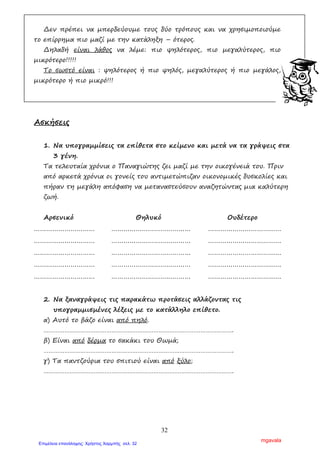 32
∆εν πρέπει να µπερδεύουµε τους δύο τρόπους και να χρησιµοποιούµε
το επίρρηµα πιο µαζί µε την κατάληξη – ότερος.
∆ηλαδή είναι λάθος να λέµε: πιο ψηλότερος, πιο µεγαλύτερος, πιο
µικρότερο!!!!!
Το σωστό είναι : ψηλότερος ή πιο ψηλός, µεγαλύτερος ή πιο µεγάλος,
µικρότερο ή πιο µικρό!!!
Ασκήσεις
1. Να υπογραµµίσεις τα επίθετα στο κείµενο και µετά να τα γράψεις στα
3 γένη.
Τα τελευταία χρόνια ο Παναγιώτης ζει µαζί µε την οικογένειά του. Πριν
από αρκετά χρόνια οι γονείς του αντιµετώπιζαν οικονοµικές δυσκολίες και
πήραν τη µεγάλη απόφαση να µεταναστεύσουν αναζητώντας µια καλύτερη
ζωή.
Αρσενικό Θηλυκό Ουδέτερο
………………………… ………………………………… ………………………………
………………………… ………………………………… ………………………………
………………………… ………………………………… ………………………………
………………………… ………………………………… ………………………………
………………………… ………………………………… ………………………………
2. Να ξαναγράψεις τις παρακάτω προτάσεις αλλάζοντας τις
υπογραµµισµένες λέξεις µε το κατάλληλο επίθετο.
α) Αυτό το βάζο είναι από πηλό.
……………………………………………………………………………………………….
β) Είναι από δέρµα το σακάκι του Θωµά;
……………………………………………………………………………………………….
γ) Τα παντζούρια του σπιτιού είναι από ξύλο;
……………………………………………………………………………………………….
mgavala
Επιμέλεια επανάληψης: Χρήστος Χαρμπής σελ. 32
 