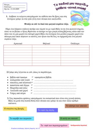 Όνομα_________________
Επώνυμο_______________
Hμ/νία 13-10-2009
1. Διάβασε το κείμενο,υπογράμμισε τα επίθετα που θα βρεις και στη
συνέχεια γράψε τα στα τρία γένη στον πίνακα που ακολουθεί.
Φτιάξε κι εσύ το δικό σου μαγικό ουράνιο τόξο.
Πάρε ένα διάφανο γυάλινο ποτήρι και γέμισέ το με νερό.Βάλε το σε ένα φωτεινό σημείο,
ώστε να το βλέπει ο ήλιος.Φρόντισε το ποτήρι να έχει μικρή κλίση,βάζοντας κάτω από τον
πάτο του σε μια μεριά ένα σκληρό χαρτί.Βάλε ση συνέχεια ένα μεγάλο κομμάτι χαρτί στο
πάτωμα,εκεί όπου πέφτουν οι ακτίνες του ήλιου και θα δεις να σχηματίζεται ένα μαγικό
ουράνιο τόξο.
2.Γράψε πώς λέγονται κι εσύ ,όπως το παράδειγμα.
• βιβλία από ύφασμα  υφασμάτινα βιβλία
• αγαλματάκι από γυαλί  ……………………………………………..
• σακούλες από πλαστικό ………………………………………………
• παπούτσια από δέρμα  ………………………………………………….
• Παιχνίδια από ξύλο  …………………………………………………..
• Λουλούδι από χαρτί  ………………………………………………….
• Τοίχος από πέτρα  …………………………………………………
3. Στις παρακάτω φράσεις υπογράμμισε τα ουσιαστικά που είναι στη γενική πτώση.
Βάλε τα μετά στη σωστή θέση στον πίνακα και γράψε τα και στον άλλο αριθμό
απέναντι.
Χατζημανώλη Αγγελική
Αρσενικό Θηλυκό Ουδέτερο
Η σταγόνα της βροχής
Η αυλή του σπιτιούΤο καράβι των πειρατών
Το νερό της πηγής
Το νησί των πυροτεχνημάτων
Το κάστρο των ιπποτών
Επιμέλεια επανάληψης: Χρήστος Χαρμπής σελ. 37
 