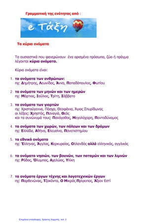Γραμματική της ενότητας από :
Τα κύρια ονόματα
Τα ουσιαστικά που φανερώνουν ένα ορισμένο πρόσωπο, ζώο ή πράγμα
λέγονται κύρια ονόματα.
Κύρια ονόματα είναι:
1. τα ονόματα των ανθρώπων:
πχ: Δημήτρης, Λεωνίδας, Άννα, Παπαδόπουλος, Φωτίου
2. τα ονόματα των μηνών και των ημερών
πχ: Μάρτιος, Ιούλιος, Τρίτη, Σάββατο
3. τα ονόματα των γιορτών
πχ: Χριστούγεννα, Πάσχα, Θεοφάνια, Άγιος Σπυρίδωνας
οι λέξεις: Χρηστός, Παναγιά, Θεός
και τα συνώνυμά τους: Πανάγαθος, Μεγαλόχαρη, Παντοδύναμος
4. τα ονόματα των χωρών, των πόλεων και των δρόμων
πχ: Ελλάδα, Αθήνα, Ελευσίνα, Πανεπιστημίου
5. τα εθνικά ονόματα
πχ: Έλληνας, Άγγλος, Κερκυραίος, Ολλανδός αλλά ελληνικός, αγγλικός
6. τα ονόματα νησιών, των βουνών, των ποταμών και των λιμνών
πχ: Ρόδος, Όλυμπος, Αχελώος, Υλίκη
7. τα ονόματα έργων τέχνης και λογοτεχνικών έργων
πχ: Παρθενώνας, Τζοκόντα, Ο Μικρός Πρίγκιπας, Άξιον Εστί
Επιμέλεια επανάληψης: Χρήστος Χαρμπής σελ. 3
 
