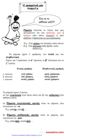 Ρήματα λέγονται οι λέξεις που μας
φανερώνουν ότι ένα πρόσωπο, ζώο ή
πράγμα κάτι κάνει (ενεργεί) ή κάτι
παθαίνει ή βρίσκεται σε μια κατάσταση.
Π.χ. Εγώ γράφω την άσκηση. (κάτι κάνω)
Π.χ. Εσύ πλένεσαι κάθε βράδυ. (κάτι
παθαίνεις)
Τα ρήματα έχουν 2 αριθμούς: τον ενικό και τον
πληθυντικό.
Έχουν και 3 πρόσωπα: το α΄ (πρώτο), το β΄ (δεύτερο) και το
γ΄ (τρίτο).
Ενικός αριθμός Πληθυντικός αριθμός
α΄ πρόσωπο εγώ γράφω εμείς γράφουμε
β΄ πρόσωπο εσύ γράφεις εσείς γράφετε
γ΄ πρόσωπο αυτός γράφει αυτοί γράφουν
Τα ρήματα έχουν 2 φωνές:
α) την ενεργητική (εγώ κάνω κάτι) και β) την παθητική (εγώ
παθαίνω κάτι).
α) Ρήματα ενεργητικής φωνής είναι τα ρήματα, που
τελειώνουν σε –ω.
Π.χ. γράφω, αγαπώ …
β) Ρήματα παθητικής φωνής είναι τα ρήματα, που
τελειώνουν σε –μαι.
Π.χ. γράφομαι, αγαπιέμαι …
Η γραμματική μου
ΡΗΜΑΤΑ
Έλα να τα
μάθουμε μαζί!!!!
ΚΑΡΑΦΩΤΙΑ ΧΑΡΑ
Επιμέλεια επανάληψης: Χρήστος Χαρμπής σελ. 44
 