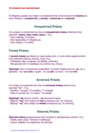 Οι πτώσεις των ουσιαστικών
Οι διάφορες μορφές που παίρνει το ουσιαστικό όταν κλίνεται λέγονται πτώσεις και
είναι τέσσερις: η ονομαστική, η γενική, η αιτιατική και η κλητική.
Ονομαστική Πτώση
Για να βρεις τα ουσιαστικά που είναι σε ονομαστική πτώση, απάντησε στην
ερώτηση «ποιος; ποια; ποιοι; ποιες;». Π.χ.:
- Ποιος γαβγίζει; Ο σκύλος.
- Ποια τραγουδάει; Η αδερφή μου.
- Ποιοι παίζουν; Τα παιδιά.
Γενική Πτώση
Η γενική πτώση μας δείχνει σε ποιον ανήκει κάτι, γι’ αυτό πολλές φορές απαντά
στην ερώτηση ποιανού, ποιανής, τίνος; Π.χ.:
- Η δασκάλα πήρε το χάρακα της Μαρίας. (ποιανής;)
- Μας φώναξε από το παράθυρο του σπιτιού της. (τίνος;)
Προσοχή: Όλα τα ουσιαστικά σχηματίζουν τη γενική πληθυντικού σε -ων. πχ: ο
φρουρός - των φρουρών, η χώρα - των χωρών, το κουτί - των κουτιών
Αιτιατική Πτώση
Για να βρω τα ουσιαστικά που είναι σε αιτιατική πτώση απαντώ στην
ερώτηση "τι;" . Π.χ.:
- Κοιτάζω τ' αστέρια. (Τι κοιτάζεις; -Τ' αστέρια)
- Πήρα το μολύβι σου. (Τι πήρες; -Το μολύβι)
Προσοχή: της (γενική πτώση) - τις (αιτιατική πτώση)
- Βάζουμε "της" όταν μιλάμε για ένα αντικείμενο (πχ: της τσάντας).
- Βάζουμε "τις" όταν μιλάμε για πολλά αντικείμενα (πχ: τις τσάντες).
Κλητική Πτώση
Κλητική πτώση χρησιμοποιούμε όταν καλούμε ή προσφωνούμε κάποιον. Π.χ.:
- Παιδιά, ελάτε μέσα. Τελείωσε το διάλειμμα.
- Γιώργο, διάβασε την εκφώνηση της άσκησης.
Επιμέλεια επανάληψης: Χρήστος Χαρμπής σελ. 4
 