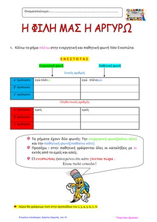 1. Κλίνω το ρήμα πλένω στην ενεργητική και παθητική φωνή του Ενεστώτα
Αύριο θα γράψουμε τεστ στην προπαίδεια του 2, 3, 4, 5, 6, 7, 10
Ε Ν Ε Σ Τ Ω Τ Α Σ
Ενεργητική φωνή Παθητική φωνή
Ενικός αριθμός
α΄ πρόσωπο εγώ πλένω εγώ πλένομαι
β΄ πρόσωπο
γ΄ πρόσωπο
Πληθυντικός αριθμός
α΄ πρόσωπο εμείς εμείς
β΄ πρόσωπο
γ΄ πρόσωπο
Ονοματεπώνυμο:…………………………………………………………
Τα ρήματα έχουν δύο φωνές: Την ενεργητική φωνή(κάνω κάτι)
και την παθητική φωνή(παθαίνω κάτι).
Προσέχω : στην παθητική γράφονται όλες οι καταλήξεις με αι
εκτός από το εμείς και εσείς.
Ο ενεστώτας φανερώνει ότι κάτι γίνεται τώρα .
Είναι πολύ εύκολο !
Τσαμπίκα ΔρακιούΕπιμέλεια επανάληψης: Χρήστος Χαρμπής σελ. 91
 