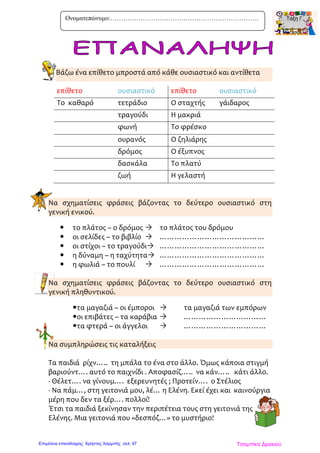 Βάζω ένα επίθετο μπροστά από κάθε ουσιαστικό και αντίθετα
Να σχηματίσεις φράσεις βάζοντας το δεύτερο ουσιαστικό στη
γενική ενικού.
 το πλάτος – ο δρόμος  το πλάτος του δρόμου
 οι σελίδες – το βιβλίο  ……………………………………
 οι στίχοι – το τραγούδι ……………………………………
 η δύναμη – η ταχύτητα ……………………………………
 η φωλιά – το πουλί  ……………………………………
Να σχηματίσεις φράσεις βάζοντας το δεύτερο ουσιαστικό στη
γενική πληθυντικού.
τα μαγαζιά – οι έμποροι  τα μαγαζιά των εμπόρων
οι επιβάτες – τα καράβια  ……………………………
τα φτερά – οι άγγελοι  ……………………………
Να συμπληρώσεις τις καταλήξεις
Τα παιδιά ρίχν….. τη μπάλα το ένα στο άλλο. Όμως κάποια στιγμή
βαριούντ…. αυτό το παιχνίδι . Αποφασίζ….. να κάν….. κάτι άλλο.
- Θέλετ…. να γίνουμ…. εξερευνητές ; Προτείν…. ο Στέλιος
- Να πάμ…, στη γειτονιά μου, λέ… η Ελένη. Εκεί έχει και καινούργια
μέρη που δεν τα ξέρ…. πολλοί!
Έτσι τα παιδιά ξεκίνησαν την περιπέτεια τους στη γειτονιά της
Ελένης. Μια γειτονιά που «δεσπόζ…» το μυστήριο!
επίθετο ουσιαστικό επίθετο ουσιαστικό
Το καθαρό τετράδιο Ο σταχτής γάιδαρος
τραγούδι Η μακριά
φωνή Το φρέσκο
ουρανός Ο ζηλιάρης
δρόμος Ο έξυπνος
δασκάλα Το πλατύ
ζωή Η γελαστή
Ονοματεπώνυμο:……………………………………………………………
Τσαμπίκα ΔρακιούΕπιμέλεια επανάληψης: Χρήστος Χαρμπής σελ. 97
 