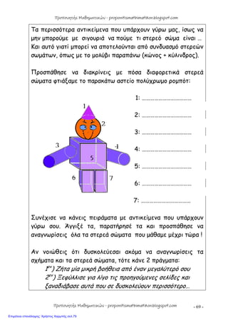 - 69 -
Τα περισσότερα αντικείμενα που υπάρχουν γύρω μας, ίσως να
μην μπορούμε με σιγουριά να πούμε τι στερεό σώμα είναι …
Και αυτό γιατί μπορεί να αποτελούνται από συνδυασμό στερεών
σωμάτων, όπως με το μολύβι παραπάνω (κώνος + κύλινδρος).
Προσπάθησε να διακρίνεις με πόσα διαφορετικά στερεά
σώματα φτιάξαμε το παρακάτω αστείο πολύχρωμο ρομπότ:
1: ………………………………
2: ………………………………
3: ………………………………
4: ………………………………
5: ………………………………
6: ………………………………
7: ………………………………
Συνέχισε να κάνεις πειράματα με αντικείμενα που υπάρχουν
γύρω σου. Άγγιξέ τα, παρατήρησέ τα και προσπάθησε να
αναγνωρίσεις όλα τα στερεά σώματα που μάθαμε μέχρι τώρα !
Αν νοιώθεις ότι δυσκολεύεσαι ακόμα να αναγνωρίσεις τα
σχήματα και τα στερεά σώματα, τότε κάνε 2 πράγματα:
1ον
) Ζήτα μία μικρή βοήθεια από έναν μεγαλύτερό σου
2ον
) Ξεφύλλισε για λίγο τις προηγούμενες σελίδες και
ξαναδιάβασε αυτά που σε δυσκολεύουν περισσότερο…
Προπονητής Μαθηματικών - proponitismathimatikon.blogspot.com
Προπονητής Μαθηματικών - proponitismathimatikon.blogspot.com
Επιμέλεια επανάληψης: Χρήστος Χαρμπής σελ.79
 