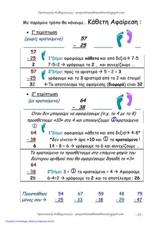 - 12 -
Με παρόμοιο τρόπο θα κάνουμε… Κάθετη Αφαίρεση :
 1η
περίπτωση
(χωρίς κρατούμενο) 57
_______________ - 25 _______ __
57
- 25 1ο
βήμα: αφαιρούμε κάθετα και από δεξιά 7-5
2 7-5=2  γράφουμε το 2 , και συνεχίζουμε …
57 2ο
βήμα: προς τα αριστερά  5 – 2 = 3
- 25 γράφουμε και το 3 αριστερά από το 2 και έτοιμο!
32 Το αποτέλεσμα της αφαίρεσης (διαφορά) είναι 32
 2η
περίπτωση
(με κρατούμενο) 64
_______________ - 38 _______ __
Όταν δεν μπορούμε να αφαιρέσουμε (π.χ. το 4 με το 8)
προσθέτουμε «10» στο 4 και υπολογίζουμε κρατούμενο

64 1ο
βήμα: αφαιρούμε κάθετα και από δεξιά 4-8*
- 38 *δεν γίνεται άρα +10 και  το κρατούμενο !
6 14 – 8 = 6  γράφουμε το 6 και συνεχίζουμε …
Το κρατούμενο το προσθέτουμε στο επόμενο ψηφίο του
δεύτερου αριθμού που θα αφαιρέσουμε δηλαδή το «3»
64
- 38 2ο
βήμα: 3 +  το κρατούμενο = 4  Αφαιρούμε
26 6–4=2  γράφουμε το 2 και το αποτέλεσμα : 26
Προσπάθησε 54 67 59 48 75
μόνος σου  - 25 - 33 - 18 - 29 - 47
Προπονητής Μαθηματικών - proponitismathimatikon.blogspot.com
Προπονητής Μαθηματικών - proponitismathimatikon.blogspot.com
Επιμέλεια επανάληψης: Χρήστος Χαρμπής σελ.93
 