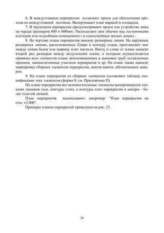 28
6. В междуэтажном перекрытии оставляют проем для обеспечения про-
хода по междуэтажной лестнице. Вычерчивают план маршей и площадок.
7. В чердачном перекрытии предусматривают проем для устройства люка
на чердак (размером 800 × 600мм). Располагают люк обычно над лестничными
клетками или подсобным помещением ( в односемейных жилых домах) .
8. На чертеже плана перекрытия наносят размерные линии. На наружных
размерных линиях, расположенных ближе к контуру плана, проставляют шаг
между осями балок или ширину плит настила. Внизу и слева от плана наносят
второй ряд размеров между модульными осями, к которым осуществляется
привязка всех элементов плана: вентиляционных и дымовых труб, оставленных
проемов, замоноличенных участков перекрытия и др. На плане также наносят
маркировку сборных элементов перекрытия, щитов наката, обозначенных анке-
ров.
9. На плане перекрытия из сборных элементов составляют таблицу спе-
цификации этих элементов (форма 8, см. Приложение П).
На плане перекрытия все вспомогательные элементы вычерчиваются тон-
кими линиями (оси, контуры стен), а контуры плит перекрытия и анкеры - бо-
лее толстой линией.
План перекрытия надписывают, например: "План перекрытия на
отм. +3.000".
Примеры планов перекрытий приведены на рис. 21 .
 