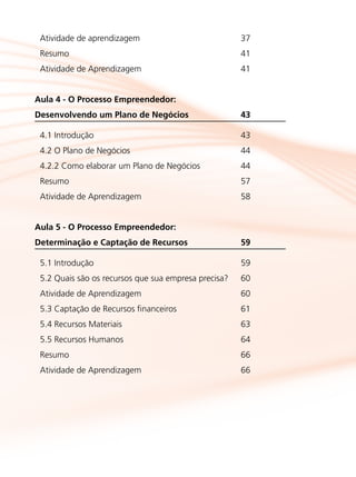 Atividade de aprendizagem	 37
Resumo	41
Atividade de Aprendizagem	 41
Aula 4 - O Processo Empreendedor:
Desenvolvendo um Plano de Negócios	 43
4.1 Introdução	 43
4.2 O Plano de Negócios	 44
4.2.2 Como elaborar um Plano de Negócios	 44
Resumo	57
Atividade de Aprendizagem	 58
Aula 5 - O Processo Empreendedor:
Determinação e Captação de Recursos	 59
5.1 Introdução	 59
5.2 Quais são os recursos que sua empresa precisa?	 60
Atividade de Aprendizagem	 60
5.3 Captação de Recursos financeiros	 61
5.4 Recursos Materiais	 63
5.5 Recursos Humanos	 64
Resumo	66
Atividade de Aprendizagem	 66
 