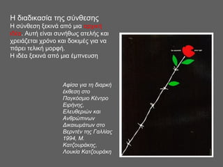 Η διαδικασία της σύνθεσης
Η σύνθεση ξεκινά από μια αρχική
ιδέα. Αυτή είναι συνήθως ατελής και
χρειάζεται χρόνο και δοκιμές για να
πάρει τελική μορφή.
Η ιδέα ξεκινά από μια έμπνευση
Αφίσα για τη διαρκή
έκθεση στο
Παγκόσμιο Κέντρο
Ειρήνης,
Ελευθεριών και
Ανθρώπινων
Δικαιωμάτων στο
Βερντέν της Γαλλίας
1994, Μ.
Κατζουράκης,
Λουκία Κατζουράκη
 