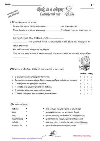 1 ) Συμπλήρωσε τα κενά:
Το ψηλότερο σημείο του βουνού λέγεται ……………………………… και το χαμηλότερο ………………………….
Πολλά βουνά στη σειρά μας κάνουν μια ………………………………. Στα βουνά έχουν τις πηγές τους τα
……………………………….
Μια πεδινή έκταση πάνω στα βουνά λέγεται ………………………………
……………………………… είναι μια στενή πεδινή έκταση ανάμεσα σε δύο βουνά, που διασχίζεται συ-
νήθως από ποτάμι.
Ένα βαθύ και στενό άνοιγμα της γης λέγεται ………………………………
Όταν τα νερά ενός μεγάλου ή μικρού ποταμού πέφτουν από ψηλά και απότομα, σχηματίζουν
………………………………
2) Σωστό ή Λάθος. Βάλε Χ στη σωστή απάντηση:
σωστό λάθος
 Ο όρμος είναι μεγαλύτερος από τον κόλπο. ( ) ( )
 Το σημείο όπου συναντιούνται δύο ποτάμια ονομάζεται εκβολή του ποταμού. ( ) ( )
 Ο λόφος είναι πιο ψηλός από το βουνό. ( ) ( )
 Η κοιλάδα είναι μεγαλύτερη από την πεδιάδα. ( ) ( )
 Ο σκόπελος είναι ψηλότερος από τον ύφαλο. ( ) ( )
 Ο ισθμός είναι ξηρά, ενώ ο πορθμός είναι θάλασσα. ( ) ( )
3) Αντιστοίχισε:
πεδιάδα   ένα κοίλωμα της γης γεμάτο με γλυκό νερό
λίμνη   μια μεγάλη έκταση της γης χωρίς βουνά
έλος   μικρός ποταμός που χύνεται σ’ ένα μεγαλύτερο
παραπόταμος   μια έκταση της γης με ρηχά και στάσιμα νερά
εκβολή   εκεί που χύνει το ποτάμι τα νερά του στη θάλασσα
λεκανοπέδιο   μια πεδιάδα τριγυρισμένη από βουνά
Γ΄
_____________
Όνομα: ___________________________
Αθανάσιος Παλάνης
Επιμέλεια επανάληψης: Χρήστος Χαρμπής σελ.28
 
