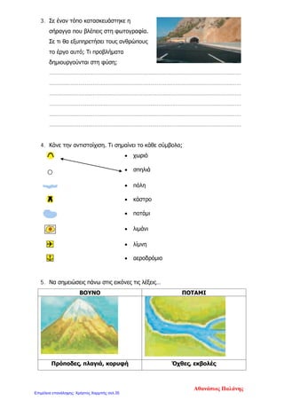 3. Σε έναν τόπο κατασκευάστηκε η
σήραγγα που βλέπεις στη φωτογραφία.
Σε τι θα εξυπηρετήσει τους ανθρώπους
το έργο αυτό; Τι προβλήματα
δημιουργούνται στη φύση;
……………………………………………………………………………………………………………
……………………………………………………………………………………………………………
……………………………………………………………………………………………………………
……………………………………………………………………………………………………………
……………………………………………………………………………………………………………
……………………………………………………………………………………………………………
4. Κάνε την αντιστοίχιση. Τι σημαίνει το κάθε σύμβολο;
• χωριό
• σπηλιά
• πόλη
• κάστρο
• ποτάμι
• λιμάνι
• λίμνη
• αεροδρόμιο
5. Να σημειώσεις πάνω στις εικόνες τις λέξεις…
ΒΟΥΝΟ ΠΟΤΑΜΙ
Πρόποδες, πλαγιά, κορυφή Όχθες, εκβολές
Αθανάσιος Παλάνης
Επιμέλεια επανάληψης: Χρήστος Χαρμπής σελ.35
 