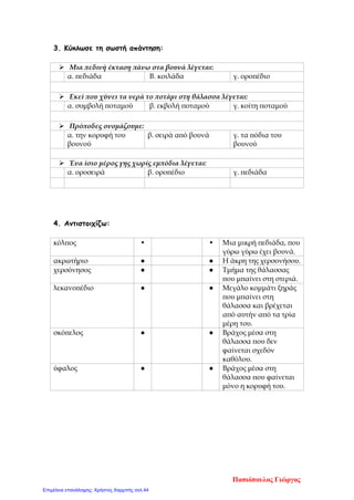 3. Κύκλωσε τη σωστή απάντηση:
 Μια πεδινή έκταση πάνω στα βουνά λέγεται:
α. πεδιάδα Β. κοιλάδα γ. οροπέδιο
 Εκεί που χύνει τα νερά το ποτάμι στη θάλασσα λέγεται:
α. συμβολή ποταμού β. εκβολή ποταμού γ. κοίτη ποταμού
 Πρόποδες ονομάζουμε:
α. την κορυφή του
βουνού
β. σειρά από βουνά γ. τα πόδια του
βουνού
 Ένα ίσιο μέρος γης χωρίς εμπόδια λέγεται:
α. οροσειρά β. οροπέδιο γ. πεδιάδα
4. Αντιστοιχίζω:
κόλπος • • Μια μικρή πεδιάδα, που
γύρω γύρω έχει βουνά.
ακρωτήριο ● ● Η άκρη της χερσονήσου.
χερσόνησος ● ● Τμήμα της θάλασσας
που μπαίνει στη στεριά.
λεκανοπέδιο ● ● Μεγάλο κομμάτι ξηράς
που μπαίνει στη
θάλασσα και βρέχεται
από αυτήν από τα τρία
μέρη του.
σκόπελος ● ● Βράχος μέσα στη
θάλασσα που δεν
φαίνεται σχεδόν
καθόλου.
ύφαλος ● ● Βράχος μέσα στη
θάλασσα που φαίνεται
μόνο η κορυφή του.
Πασιόπουλος Γιώργος
Επιμέλεια επανάληψης: Χρήστος Χαρμπής σελ.44
 