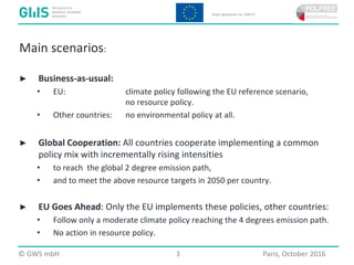  2016 GWS mbH Page 3 Place, Month 2016
Main scenarios:
► Business-as-usual:
• EU: climate policy following the EU reference scenario,
no resource policy.
• Other countries: no environmental policy at all.
► Global Cooperation: All countries cooperate implementing a common
policy mix with incrementally rising intensities
• to reach the global 2 degree emission path,
• and to meet the above resource targets in 2050 per country.
► EU Goes Ahead: Only the EU implements these policies, other countries:
• Follow only a moderate climate policy reaching the 4 degrees emission path.
• No action in resource policy.
© GWS mbH 3 Paris, October 2016
 