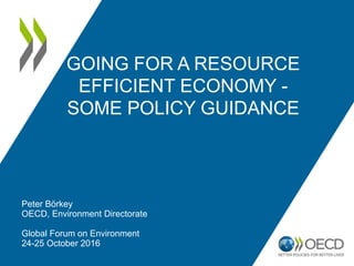 GOING FOR A RESOURCE
EFFICIENT ECONOMY -
SOME POLICY GUIDANCE
Peter Börkey
OECD, Environment Directorate
Global Forum on Environment
24-25 October 2016
 