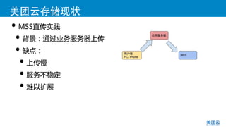 美团云存储现状
• MSS直传实践  
• 背景：通过业务服务器上传  
• 缺点：  
• 上传慢  
• 服务不稳定  
• 难以扩展  
 