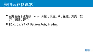 美团云存储现状
• 服务近百个业务线：cos，大象，云盘，it，金融，外卖，旅
游，猫眼，饭否  
• SDK：Java  PHP  Python  Ruby  Nodejs  
 
