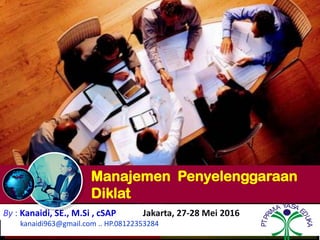 Manajemen Penyelenggaraan
Diklat
By : Kanaidi, SE., M.Si , cSAP Jakarta, 27-28 Mei 2016
kanaidi963@gmail.com .. HP.08122353284
PTPRI
MA YASA E
DUKA
 