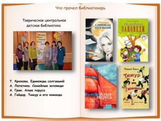Что прочел библиотекарь
Таврическая центральная
детская библиотека
Т. Крюкова. Единожды солгавший
А. Лопатина. Семейные заповеди
А. Грин. Алые паруса
А. Гайдар. Тимур и его команда
 