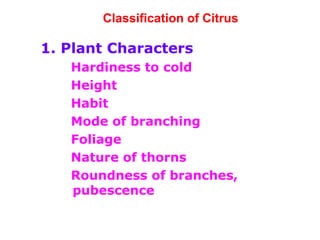 Classification of Citrus
1. Plant Characters
Hardiness to cold
Height
Habit
Mode of branching
Foliage
Nature of thorns
Roundness of branches,
pubescence
 