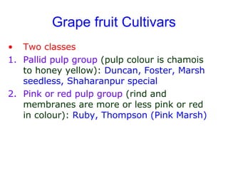 Grape fruit Cultivars
• Two classes
1. Pallid pulp group (pulp colour is chamois
to honey yellow): Duncan, Foster, Marsh
seedless, Shaharanpur special
2. Pink or red pulp group (rind and
membranes are more or less pink or red
in colour): Ruby, Thompson (Pink Marsh)
 