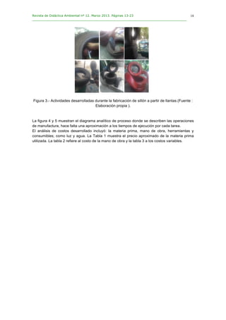 Revista de Didáctica Ambiental nº 12. Marzo 2013. Páginas 13-23
________________________________________________________________________________	
  
	
  
	
  
18
Figura 3.- Actividades desarrolladas durante la fabricación de sillón a partir de llantas.(Fuente :
Elaboración propia ).
La figura 4 y 5 muestran el diagrama analítico de proceso donde se describen las operaciones
de manufactura, hace falta una aproximación a los tiempos de ejecución por cada tarea.
El análisis de costos desarrollado incluyó: la materia prima, mano de obra, herramientas y
consumibles; como luz y agua. La Tabla 1 muestra el precio aproximado de la materia prima
utilizada. La tabla 2 refiere al costo de la mano de obra y la tabla 3 a los costos variables.
 