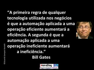 ©EduardoSampaioNardelli
“A primeira regra de qualquer
tecnologia utilizada nos negócios
é que a automação aplicada a uma
operação eficiente aumentará a
eficiência. A segunda é que a
automação aplicada a uma
operação ineficiente aumentará
a ineficiência.”
Bill Gates
 