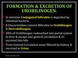 FORMATION & EXCRETION OF
UROBILINOGEN.
 In intestine Conjugated bilirubin is degraded by
intestinal bacteria
 β Glucoronidase convert Bilirubin to Urobilinogen
& Stercobilinogen.
 20% of Urobilinogen reabsorbed into portal system
to liver & escape into general circulation & re-
excreted into bile
 From General Circulation some filtered by kidney &
excreted in Urine.
Thursday, November 3, 2016
 