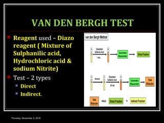 VAN DEN BERGH TEST
 Reagent used – Diazo
reagent ( Mixture of
Sulphanilic acid,
Hydrochloric acid &
sodium Nitrite)
 Test – 2 types
 Direct
 Indirect.
Thursday, November 3, 2016
 