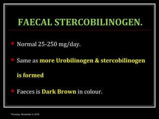 FAECAL STERCOBILINOGEN.
 Normal 25-250 mg/day.
 Same as more Urobilinogen & stercobilinogen
is formed
 Faeces is Dark Brown in colour.
Thursday, November 3, 2016
 