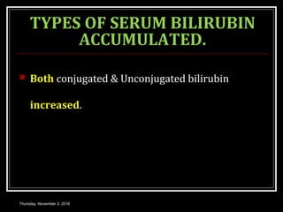 TYPES OF SERUM BILIRUBIN
ACCUMULATED.
 Both conjugated & Unconjugated bilirubin
increased.
Thursday, November 3, 2016
 