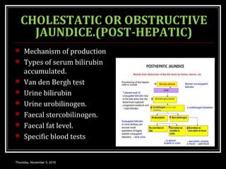 CHOLESTATIC OR OBSTRUCTIVE
JAUNDICE.(POST-HEPATIC)
 Mechanism of production
 Types of serum bilirubin
accumulated.
 Van den Bergh test
 Urine bilirubin
 Urine urobilinogen.
 Faecal stercobilinogen.
 Faecal fat level.
 Specific blood tests
Thursday, November 3, 2016
 