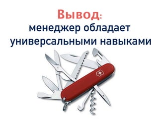 менеджер обладает
универсальными навыками
Вывод:
 