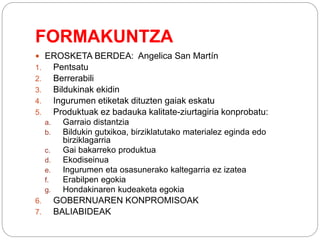 FORMAKUNTZA
 EROSKETA BERDEA: Angelica San Martín
1. Pentsatu
2. Berrerabili
3. Bildukinak ekidin
4. Ingurumen etiketak dituzten gaiak eskatu
5. Produktuak ez badauka kalitate-ziurtagiria konprobatu:
a. Garraio distantzia
b. Bildukin gutxikoa, birziklatutako materialez eginda edo
birziklagarria
c. Gai bakarreko produktua
d. Ekodiseinua
e. Ingurumen eta osasunerako kaltegarria ez izatea
f. Erabilpen egokia
g. Hondakinaren kudeaketa egokia
6. GOBERNUAREN KONPROMISOAK
7. BALIABIDEAK
 
