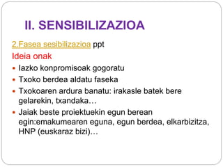 II. SENSIBILIZAZIOA
2.Fasea sesibilizazioa ppt
Ideia onak
 Iazko konpromisoak gogoratu
 Txoko berdea aldatu faseka
 Txokoaren ardura banatu: irakasle batek bere
gelarekin, txandaka…
 Jaiak beste proiektuekin egun berean
egin:emakumearen eguna, egun berdea, elkarbizitza,
HNP (euskaraz bizi)…
 