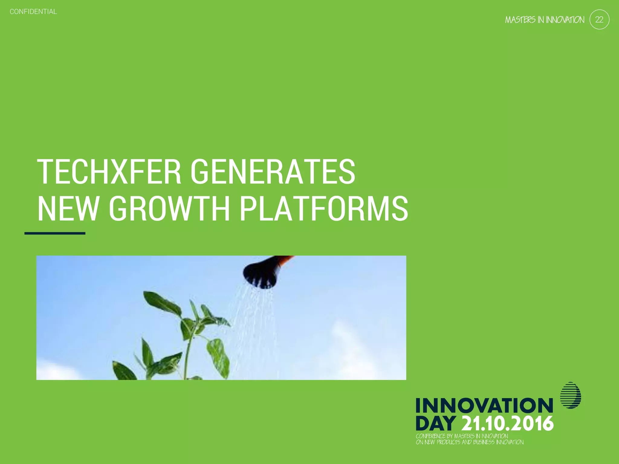 2.2 Technology transfer for a flying start
CONFIDENTIAL
22
CONFIDENTIAL
22
TECHXFER GENERATES
NEW GROWTH PLATFORMS
 