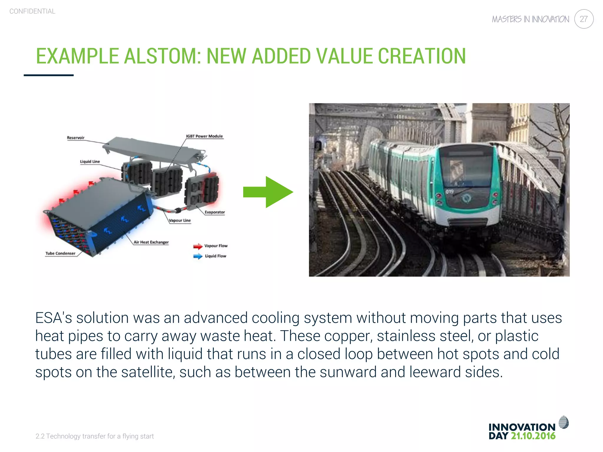 2.2 Technology transfer for a flying start
CONFIDENTIAL
27
EXAMPLE ALSTOM: NEW ADDED VALUE CREATION
ESA's solution was an advanced cooling system without moving parts that uses
heat pipes to carry away waste heat. These copper, stainless steel, or plastic
tubes are filled with liquid that runs in a closed loop between hot spots and cold
spots on the satellite, such as between the sunward and leeward sides.
 