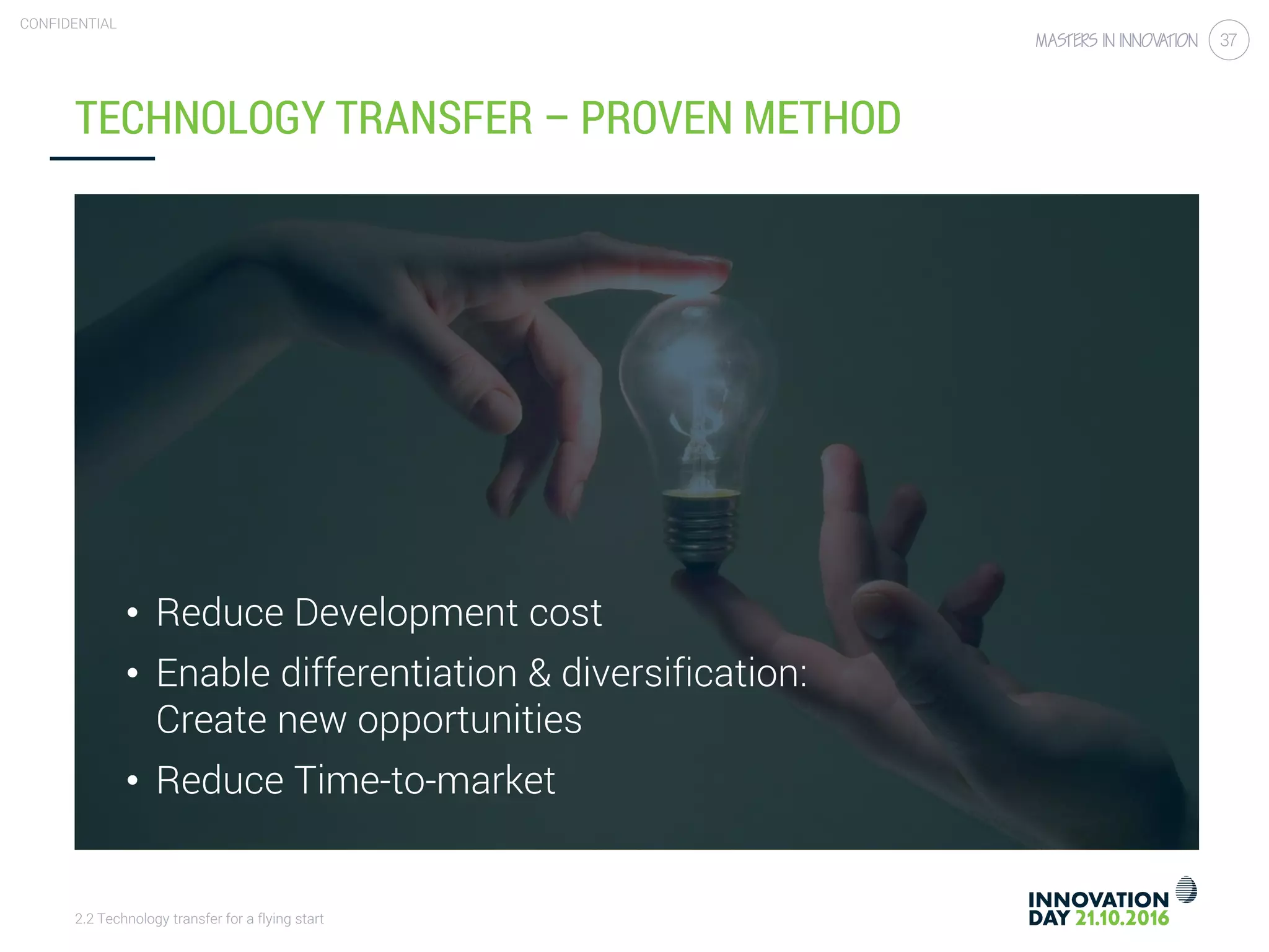 2.2 Technology transfer for a flying start
CONFIDENTIAL
37
TECHNOLOGY TRANSFER – PROVEN METHOD
• Reduce Development cost
• Enable differentiation & diversification:
Create new opportunities
• Reduce Time-to-market
 