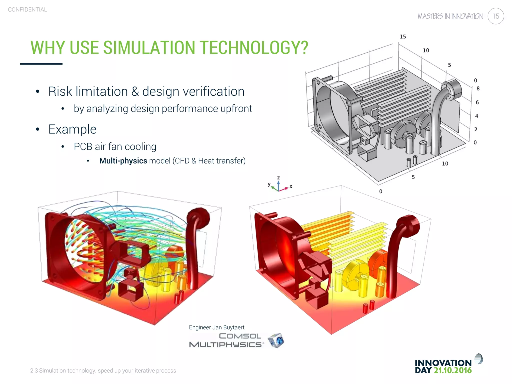 2.3 Simulation technology, speed up your iterative process
CONFIDENTIAL
15
WHY USE SIMULATION TECHNOLOGY?
• Risk limitation & design verification
• by analyzing design performance upfront
• Example
• PCB air fan cooling
• Multi-physics model (CFD & Heat transfer)
Engineer Jan Buytaert
 