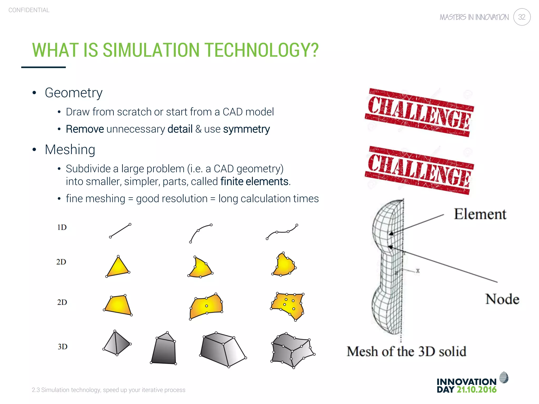 2.3 Simulation technology, speed up your iterative process
CONFIDENTIAL
32
WHAT IS SIMULATION TECHNOLOGY?
• Geometry
• Draw from scratch or start from a CAD model
• Remove unnecessary detail & use symmetry
• Meshing
• Subdivide a large problem (i.e. a CAD geometry)
into smaller, simpler, parts, called finite elements.
• fine meshing = good resolution = long calculation times
 