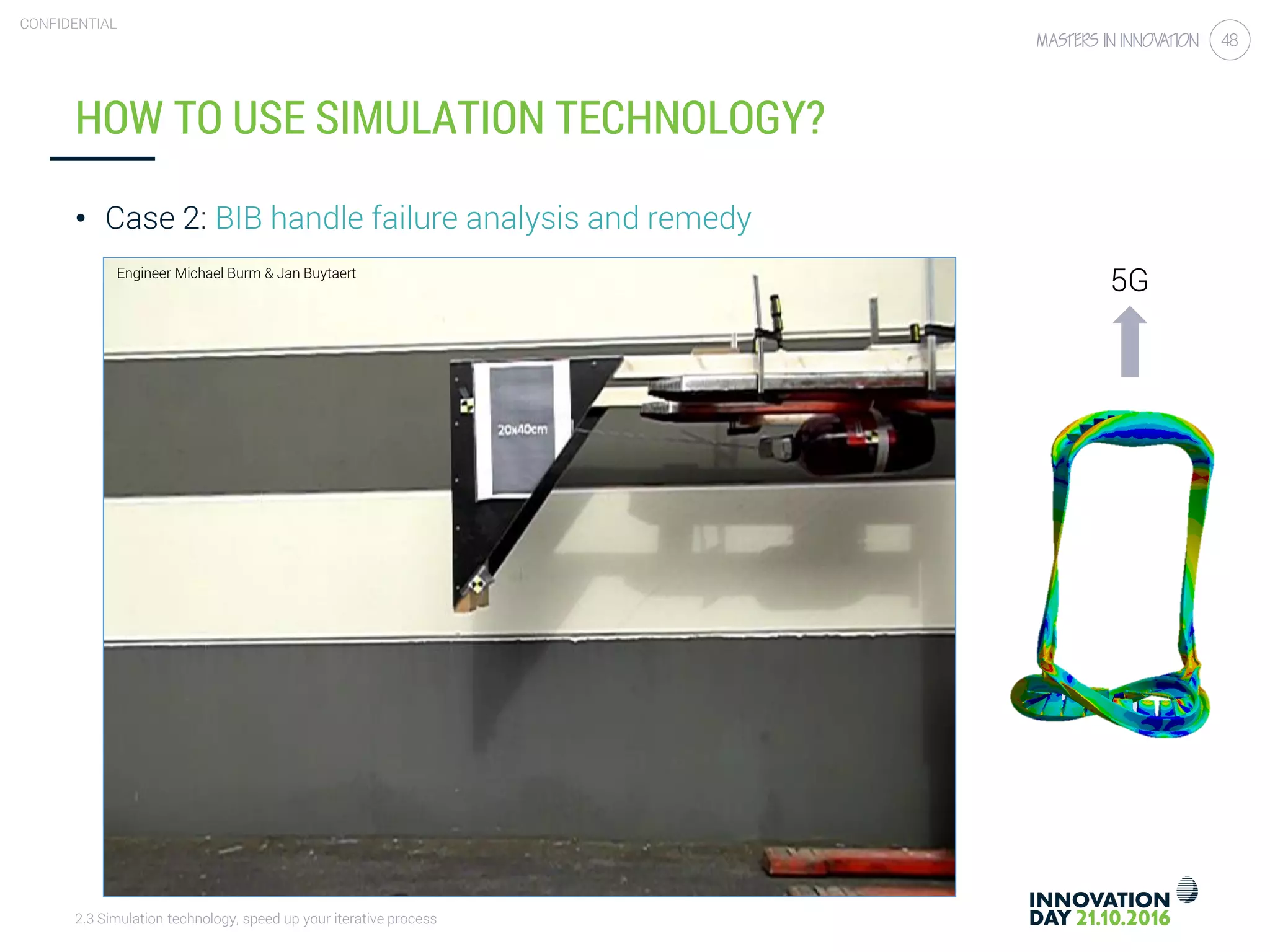 2.3 Simulation technology, speed up your iterative process
CONFIDENTIAL
48
HOW TO USE SIMULATION TECHNOLOGY?
• Case 2: BIB handle failure analysis and remedy
Engineer Michael Burm & Jan Buytaert
5G
 