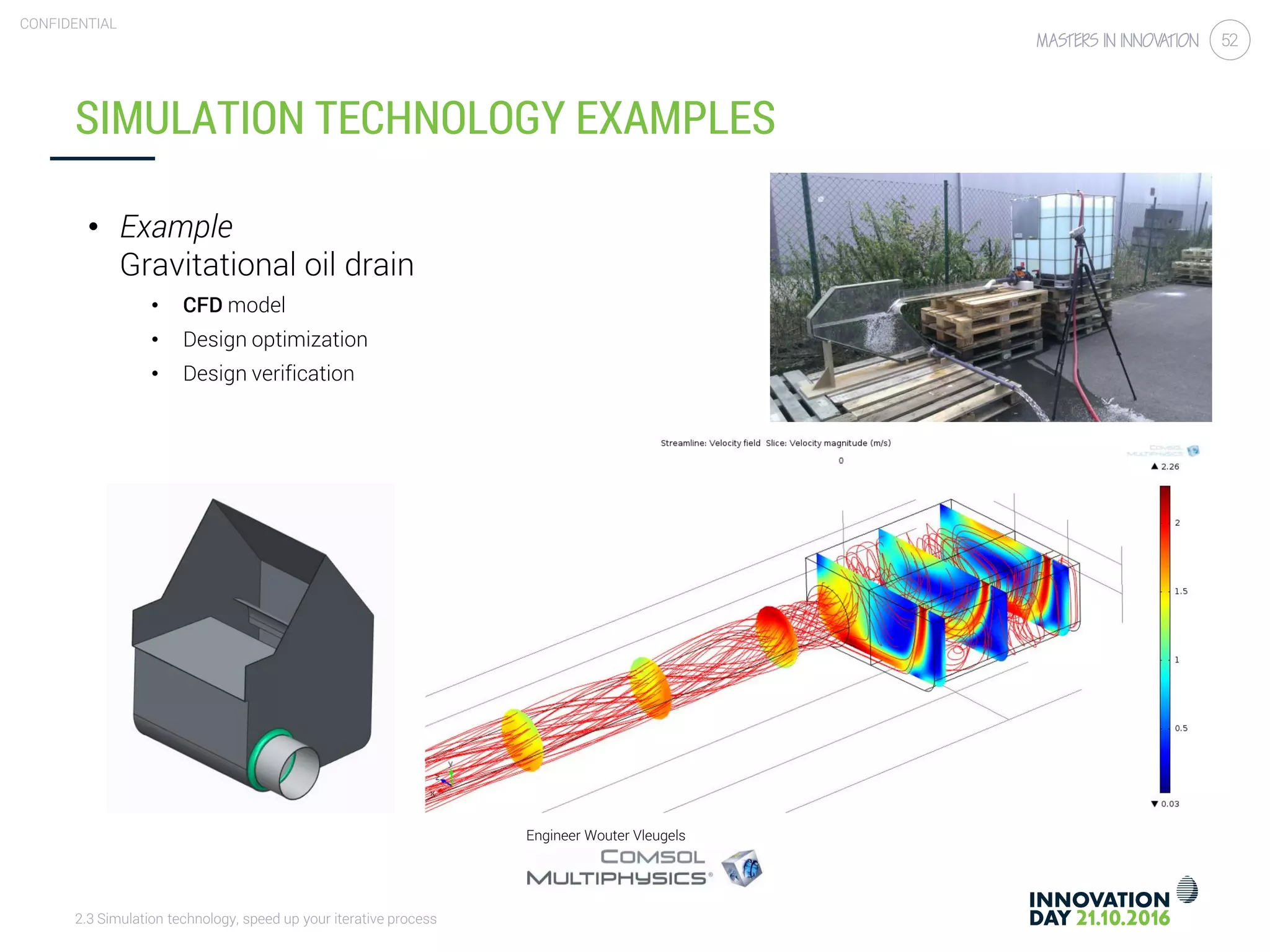 2.3 Simulation technology, speed up your iterative process
CONFIDENTIAL
52
SIMULATION TECHNOLOGY EXAMPLES
• Example
Gravitational oil drain
• CFD model
• Design optimization
• Design verification
Engineer Wouter Vleugels
 