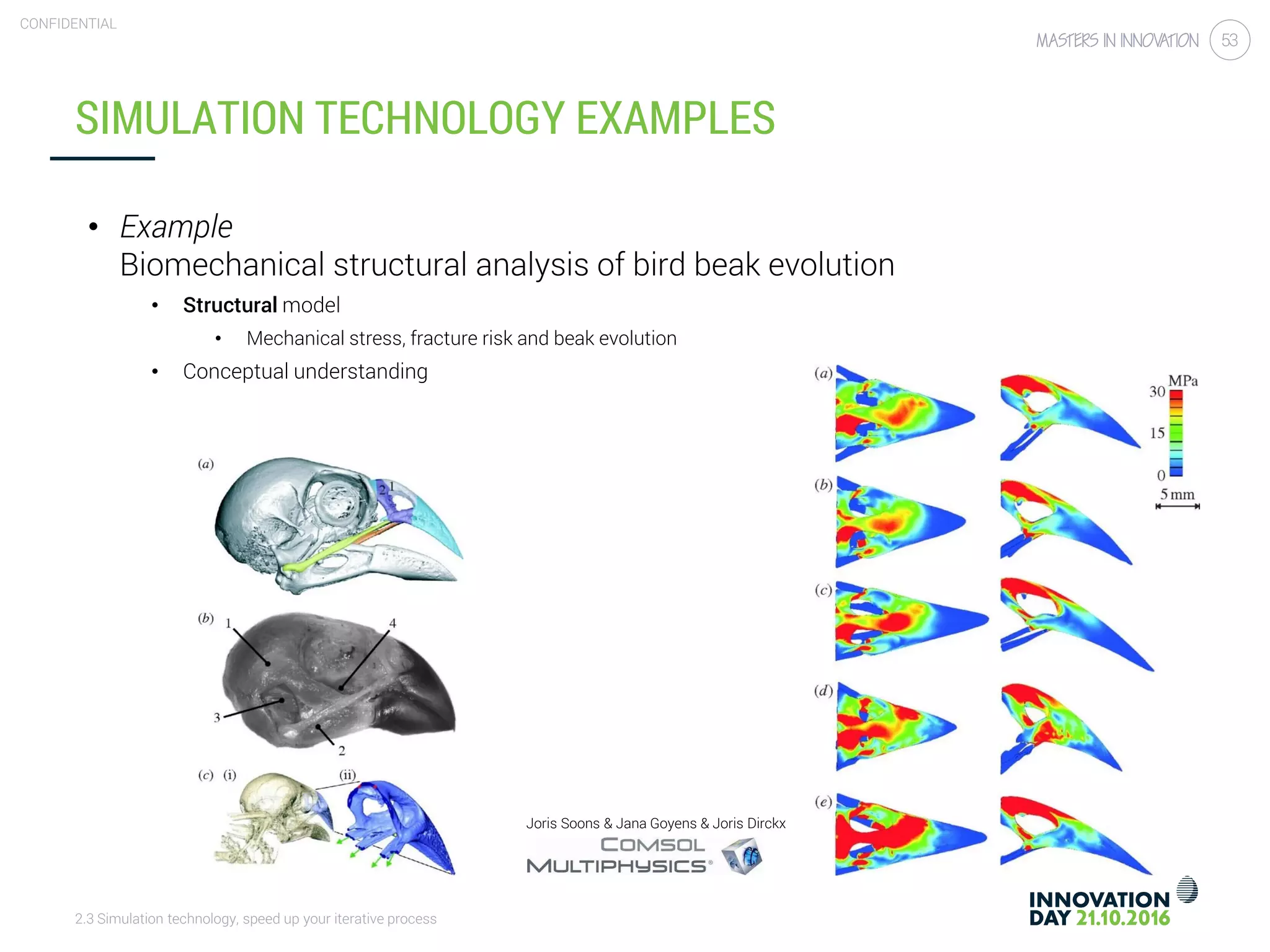 2.3 Simulation technology, speed up your iterative process
CONFIDENTIAL
53
SIMULATION TECHNOLOGY EXAMPLES
• Example
Biomechanical structural analysis of bird beak evolution
• Structural model
• Mechanical stress, fracture risk and beak evolution
• Conceptual understanding
Joris Soons & Jana Goyens & Joris Dirckx
 