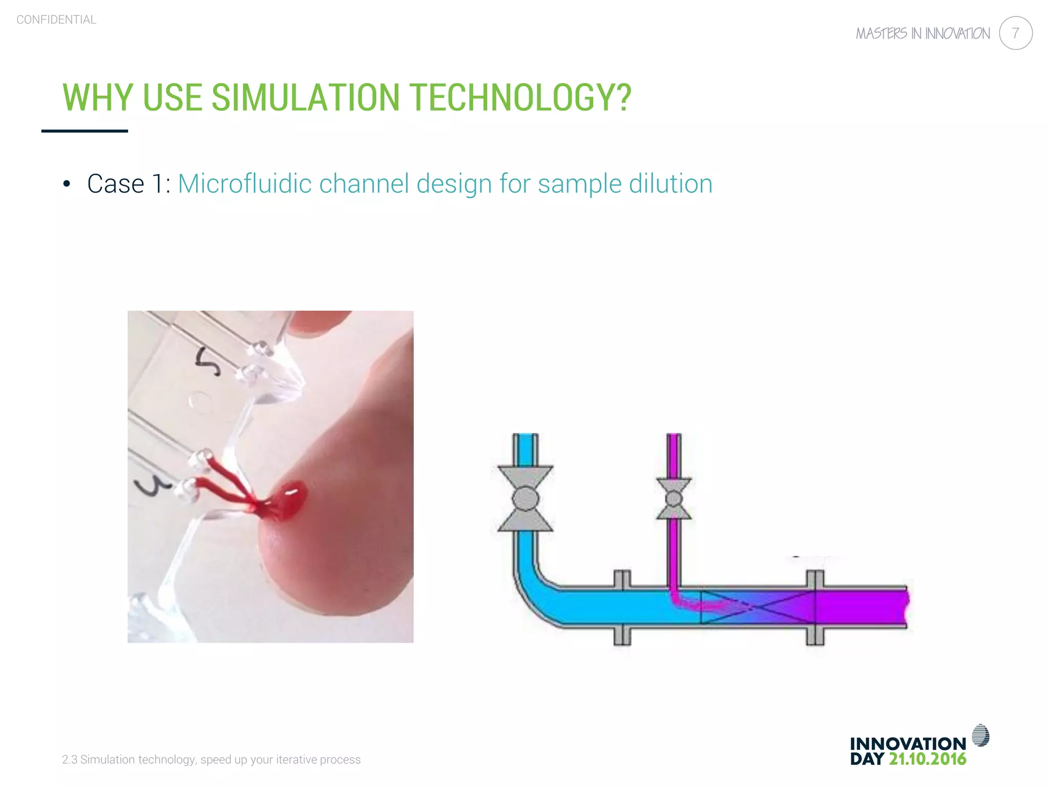 2.3 Simulation technology, speed up your iterative process
CONFIDENTIAL
7
WHY USE SIMULATION TECHNOLOGY?
• Case 1: Microfluidic channel design for sample dilution
 