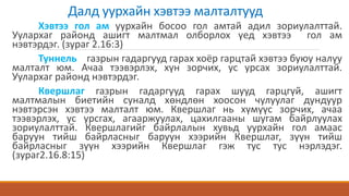 Далд уурхайн хэвтээ малталтууд
Хэвтээ гол ам уурхайн босоо гол амтай адил зориулалттай.
Уулархаг районд ашигт малтмал олборлох үед хэвтээ гол ам
нэвтэрдэг. (зураг 2.16:3)
Туннель газрын гадаргууд гарах хоёр гарцтай хэвтээ буюу налуу
малталт юм. Ачаа тээвэрлэх, хүн зорчих, ус урсах зориулалттай.
Уулархаг районд нэвтэрдэг.
Квершлаг газрын гадаргууд гарах шууд гарцгүй, ашигт
малтмалын биетийн суналд хөндлөн хоосон чулуулаг дундуур
нэвтэрсэн хэвтээ малталт юм. Квершлаг нь хүмүүс зорчих, ачаа
тээвэрлэх, ус урсгах, агааржуулах, цахилгааны шугам байрлуулах
зориулалттай. Квершлагийг байрлалын хувьд уурхайн гол амаас
баруун тийш байрласныг баруун хээрийн Квершлаг, зүүн тийш
байрласныг зүүн хээрийн Квершлаг гэж тус тус нэрлэдэг.
(зураг2.16.8:15)
 
