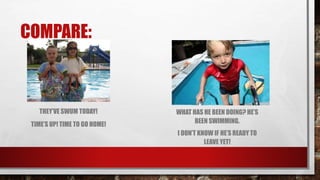 COMPARE:
THEY’VE SWUM TODAY!
TIME’S UP! TIME TO GO HOME!
WHAT HAS HE BEEN DOING? HE’S
BEEN SWIMMING.
I DON’T KNOW IF HE’S READY TO
LEAVE YET!
 