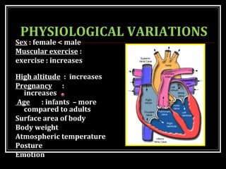 PHYSIOLOGICAL VARIATIONS
Sex : female < male
Muscular exercise :
exercise : increases
High altitude : increases
Pregnancy :
increases
Age : infants – more
compared to adults
Surface area of body
Body weight
Atmospheric temperature
Posture
Emotion
 
