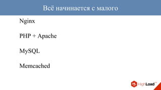 Nginx
PHP + Apache
MySQL
Memcached
Всё начинается с малого
 