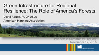 Green Infrastructure for Regional
Resilience: The Role of America’s Forests
Partners in Community Forestry
November 17, 2016
David Rouse, FAICP, ASLA
American Planning Association
 