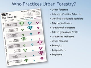 Who Practices Urban Forestry?
• Urban foresters
• Arborists-Certified Arborists
• Certified Municipal Specialists
• City Horticulturists
• “traditional” Foresters
• Citizen groups and NGOs
• LandscapeArchitects
• Urban Planners
• Ecologists
• Geographers
• Engineers
 